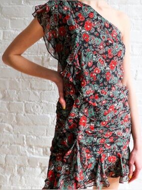 Veronica Beard Silk One Shoulder Floral Ruffle Mini Dress Size 10